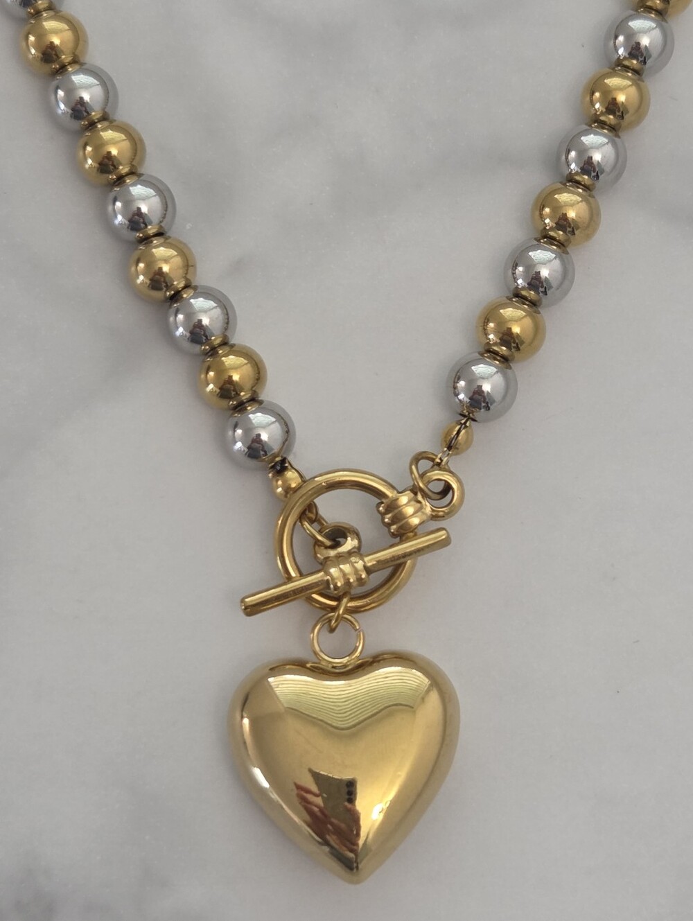 Two Tone Gold Silver Beaded Heart Pendant Toggle Necklace - Picture 8 of 14